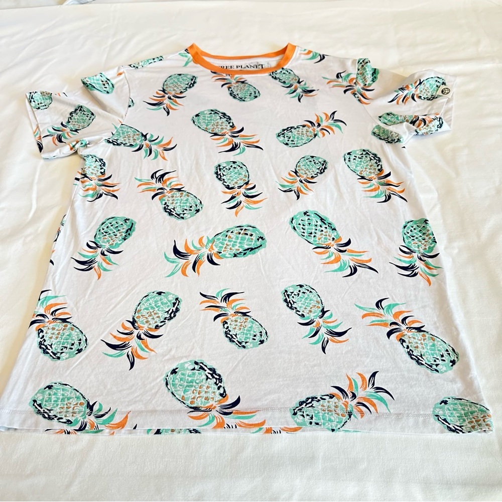 Free Planet Green and Orange Pineapple Print on White Tee Orange Trim Crew Neck